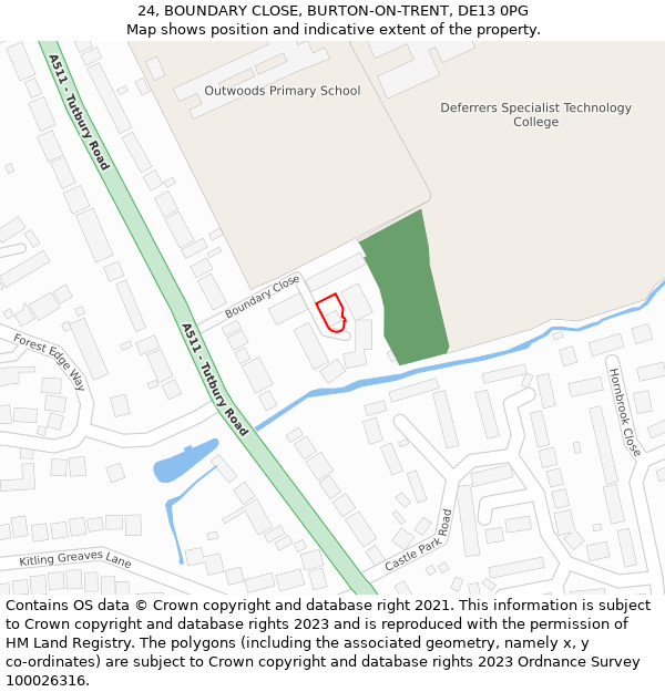 24, BOUNDARY CLOSE, BURTON-ON-TRENT, DE13 0PG: Location map and indicative extent of plot
