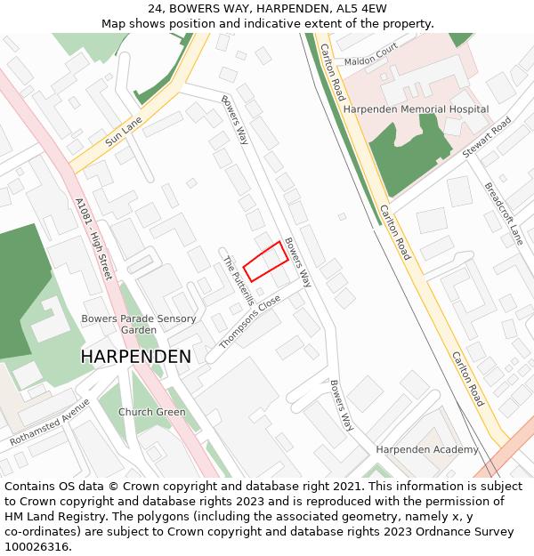 24, BOWERS WAY, HARPENDEN, AL5 4EW: Location map and indicative extent of plot