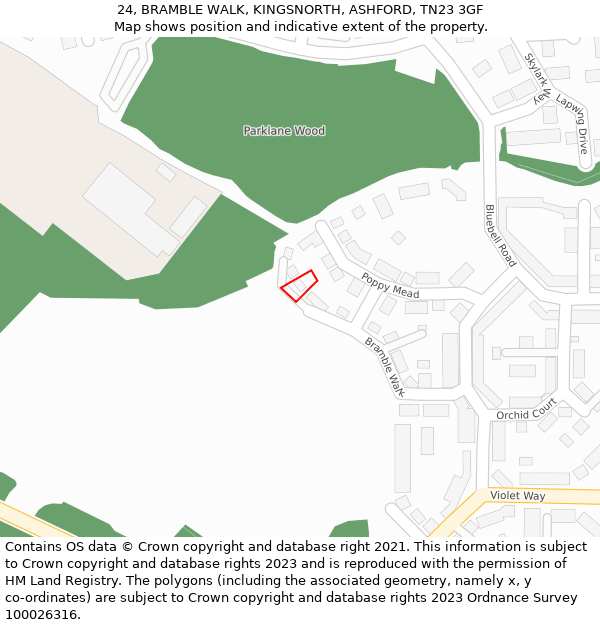 24, BRAMBLE WALK, KINGSNORTH, ASHFORD, TN23 3GF: Location map and indicative extent of plot