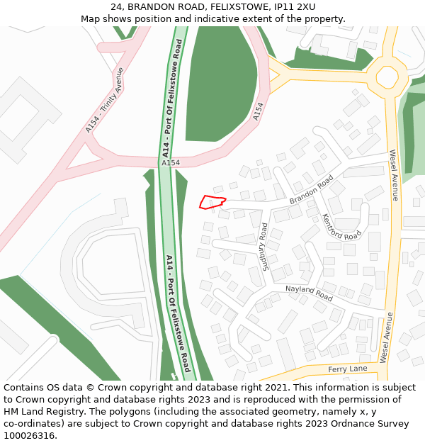 24, BRANDON ROAD, FELIXSTOWE, IP11 2XU: Location map and indicative extent of plot