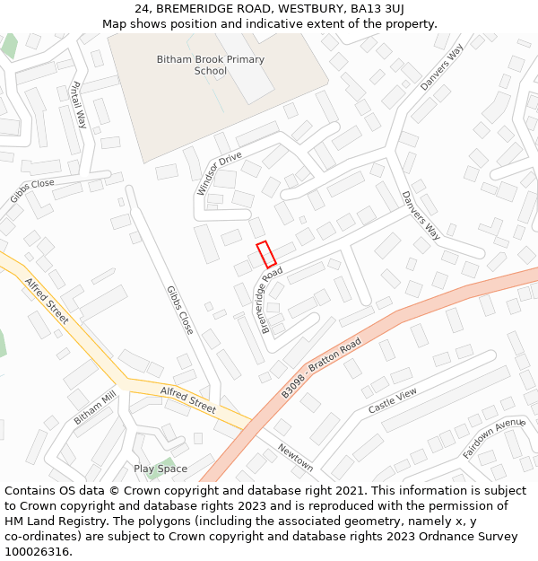24, BREMERIDGE ROAD, WESTBURY, BA13 3UJ: Location map and indicative extent of plot