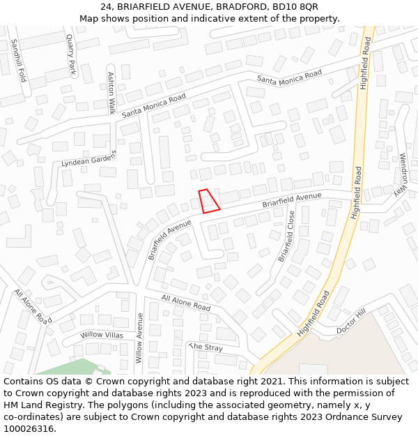 24, BRIARFIELD AVENUE, BRADFORD, BD10 8QR: Location map and indicative extent of plot