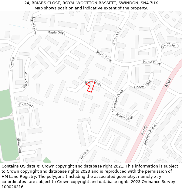 24, BRIARS CLOSE, ROYAL WOOTTON BASSETT, SWINDON, SN4 7HX: Location map and indicative extent of plot