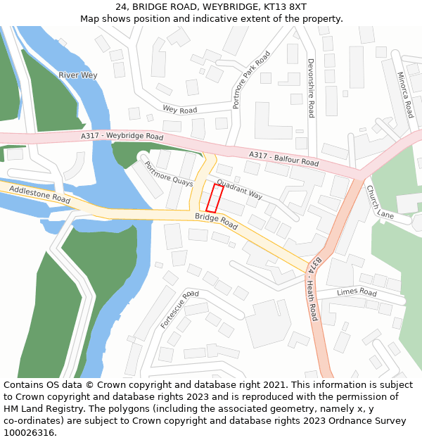 24, BRIDGE ROAD, WEYBRIDGE, KT13 8XT: Location map and indicative extent of plot