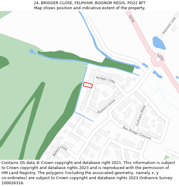 24, BRIDGER CLOSE, FELPHAM, BOGNOR REGIS, PO22 8FT: Location map and indicative extent of plot