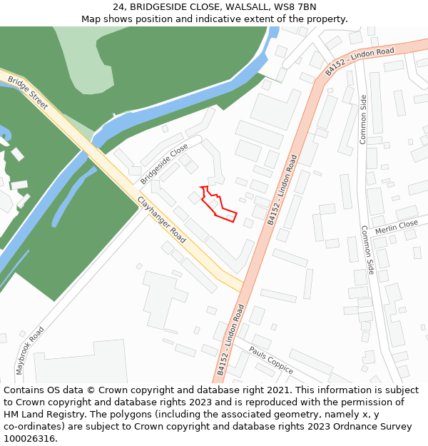 24, BRIDGESIDE CLOSE, WALSALL, WS8 7BN: Location map and indicative extent of plot