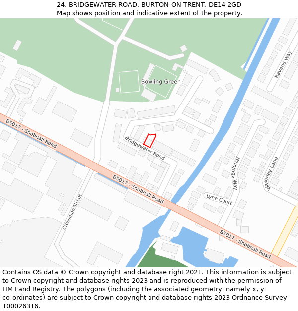 24, BRIDGEWATER ROAD, BURTON-ON-TRENT, DE14 2GD: Location map and indicative extent of plot