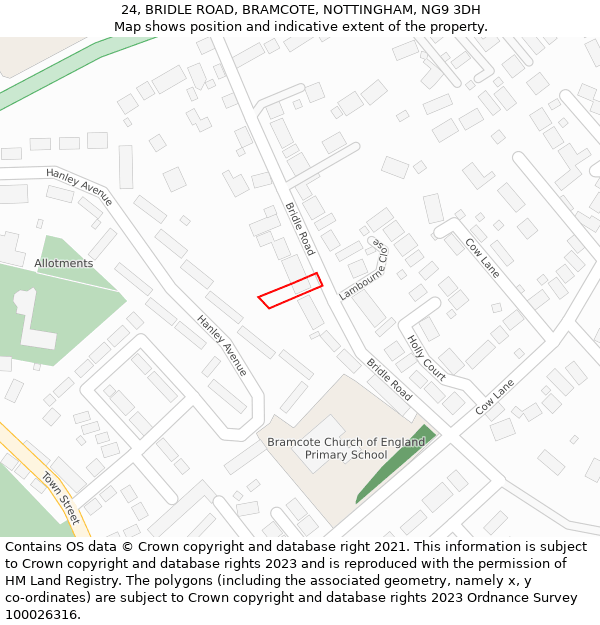 24, BRIDLE ROAD, BRAMCOTE, NOTTINGHAM, NG9 3DH: Location map and indicative extent of plot