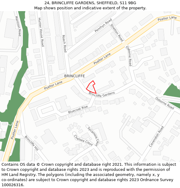 24, BRINCLIFFE GARDENS, SHEFFIELD, S11 9BG: Location map and indicative extent of plot