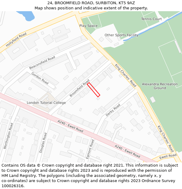 24, BROOMFIELD ROAD, SURBITON, KT5 9AZ: Location map and indicative extent of plot