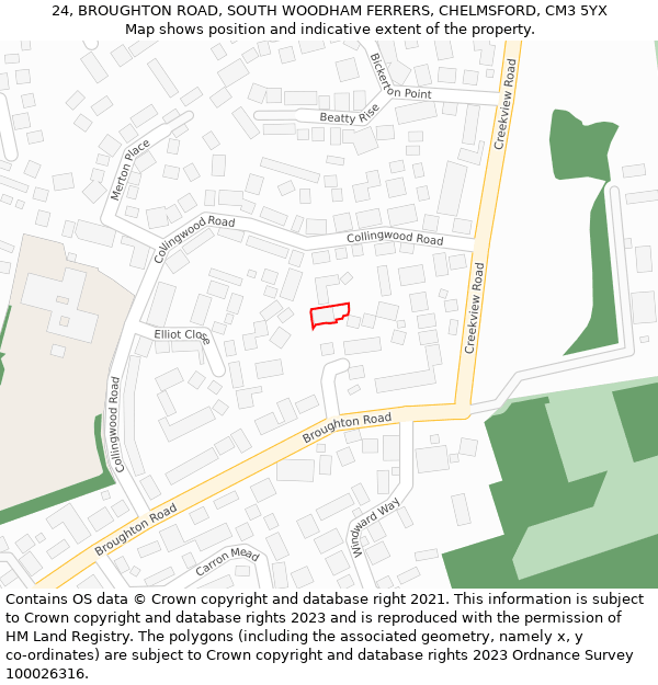 24, BROUGHTON ROAD, SOUTH WOODHAM FERRERS, CHELMSFORD, CM3 5YX: Location map and indicative extent of plot