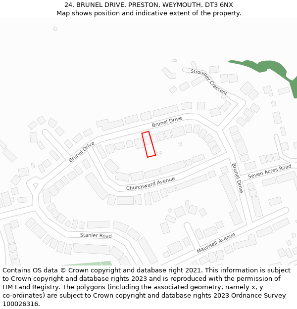 24, BRUNEL DRIVE, PRESTON, WEYMOUTH, DT3 6NX: Location map and indicative extent of plot
