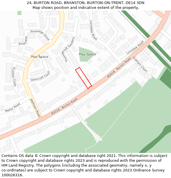 24, BURTON ROAD, BRANSTON, BURTON-ON-TRENT, DE14 3DN: Location map and indicative extent of plot