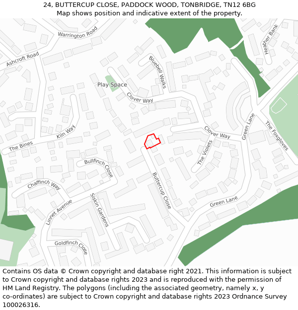 24, BUTTERCUP CLOSE, PADDOCK WOOD, TONBRIDGE, TN12 6BG: Location map and indicative extent of plot
