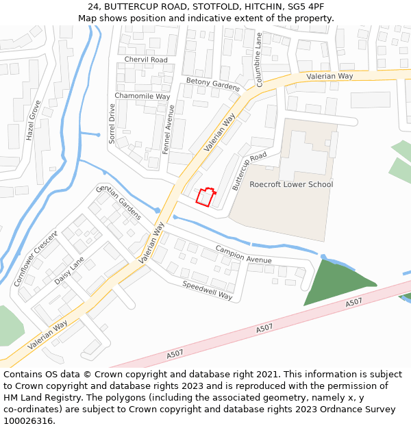 24, BUTTERCUP ROAD, STOTFOLD, HITCHIN, SG5 4PF: Location map and indicative extent of plot