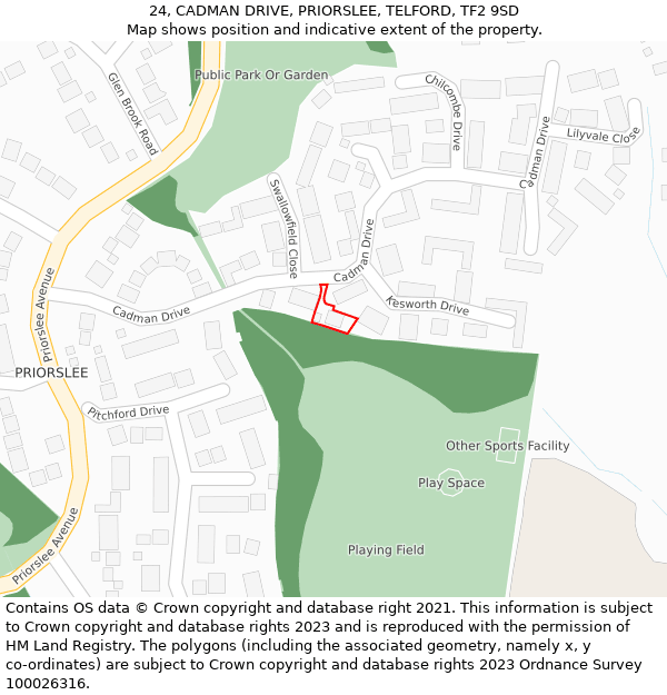 24, CADMAN DRIVE, PRIORSLEE, TELFORD, TF2 9SD: Location map and indicative extent of plot