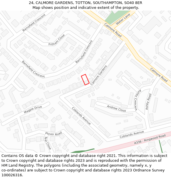 24, CALMORE GARDENS, TOTTON, SOUTHAMPTON, SO40 8ER: Location map and indicative extent of plot