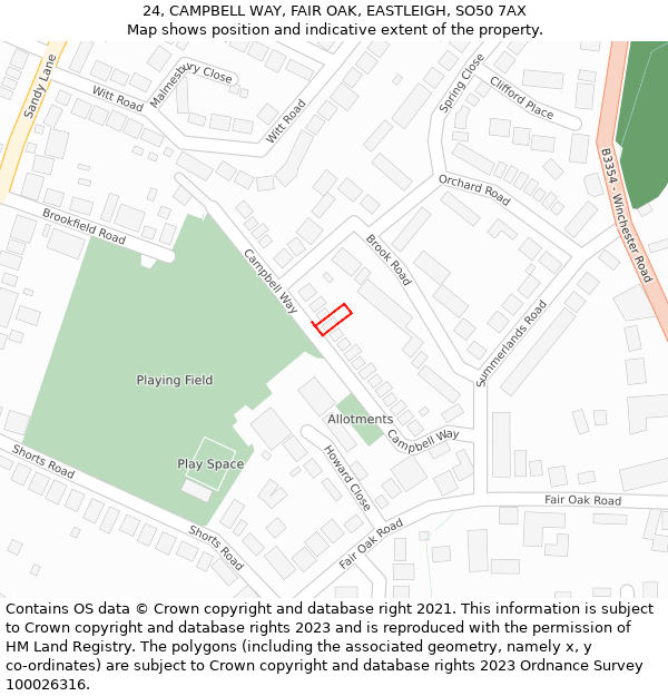 24, CAMPBELL WAY, FAIR OAK, EASTLEIGH, SO50 7AX: Location map and indicative extent of plot