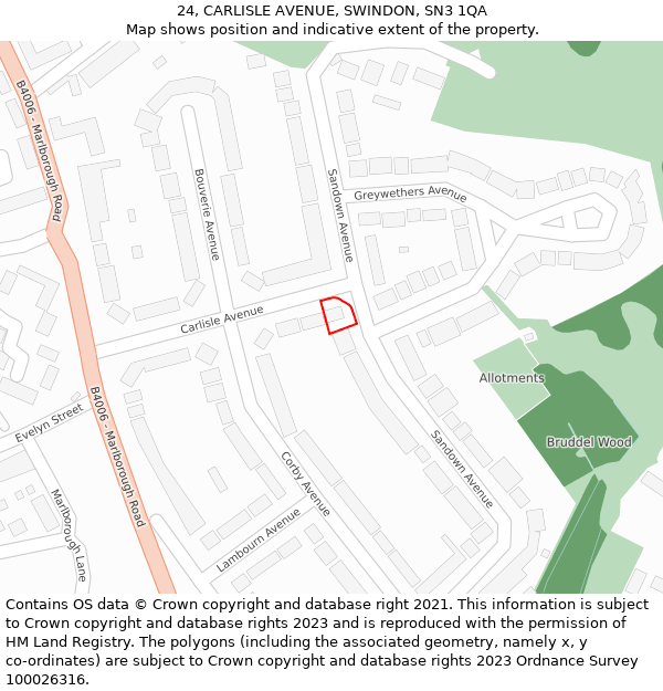 24, CARLISLE AVENUE, SWINDON, SN3 1QA: Location map and indicative extent of plot