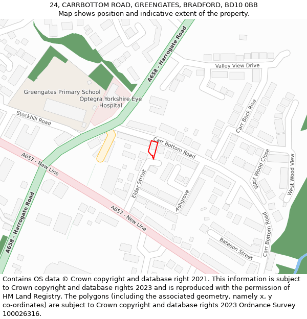 24, CARRBOTTOM ROAD, GREENGATES, BRADFORD, BD10 0BB: Location map and indicative extent of plot