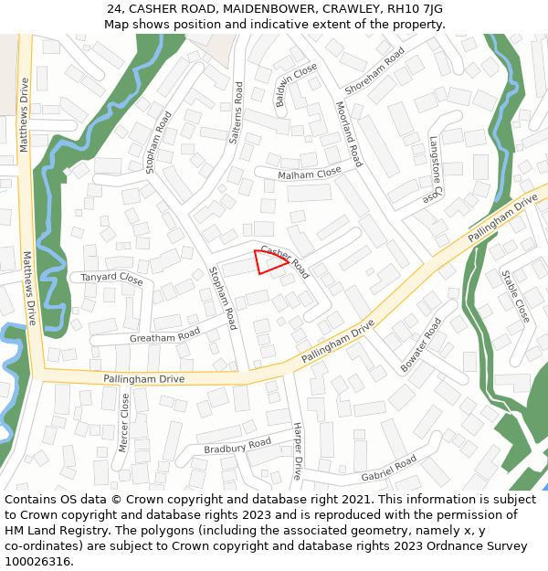 24, CASHER ROAD, MAIDENBOWER, CRAWLEY, RH10 7JG: Location map and indicative extent of plot