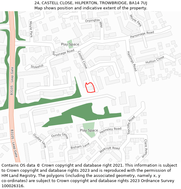 24, CASTELL CLOSE, HILPERTON, TROWBRIDGE, BA14 7UJ: Location map and indicative extent of plot