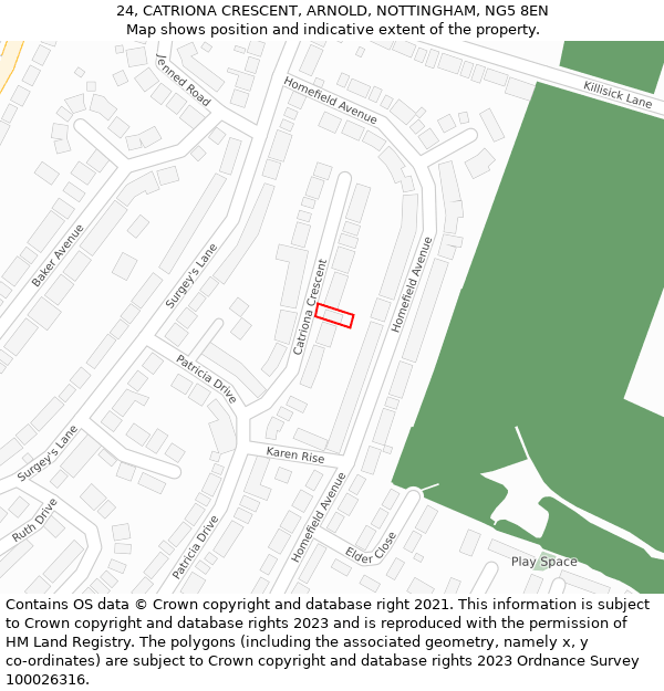 24, CATRIONA CRESCENT, ARNOLD, NOTTINGHAM, NG5 8EN: Location map and indicative extent of plot