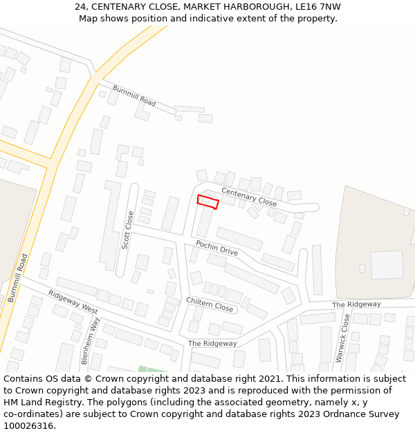 24, CENTENARY CLOSE, MARKET HARBOROUGH, LE16 7NW: Location map and indicative extent of plot