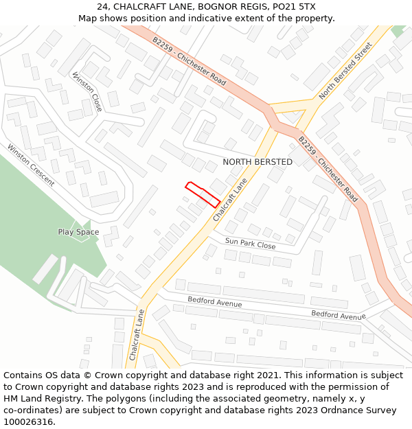 24, CHALCRAFT LANE, BOGNOR REGIS, PO21 5TX: Location map and indicative extent of plot