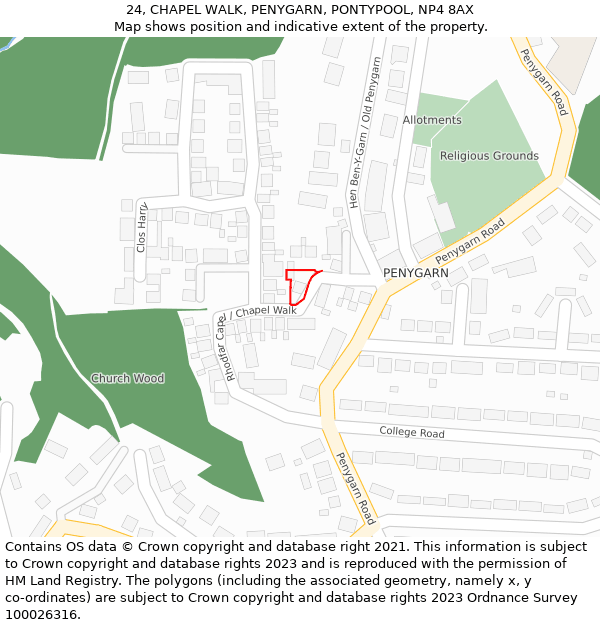 24, CHAPEL WALK, PENYGARN, PONTYPOOL, NP4 8AX: Location map and indicative extent of plot
