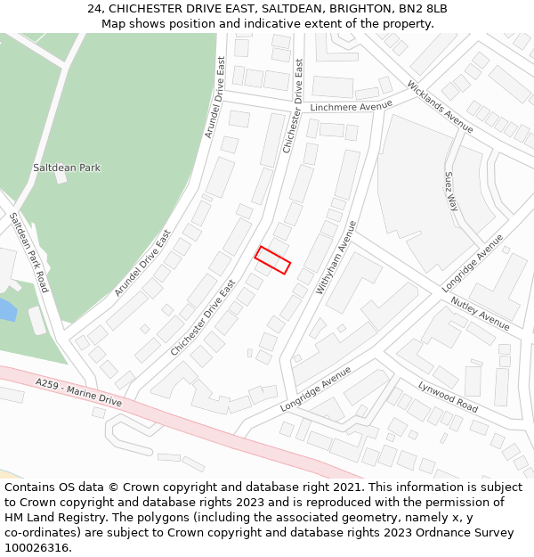 24, CHICHESTER DRIVE EAST, SALTDEAN, BRIGHTON, BN2 8LB: Location map and indicative extent of plot
