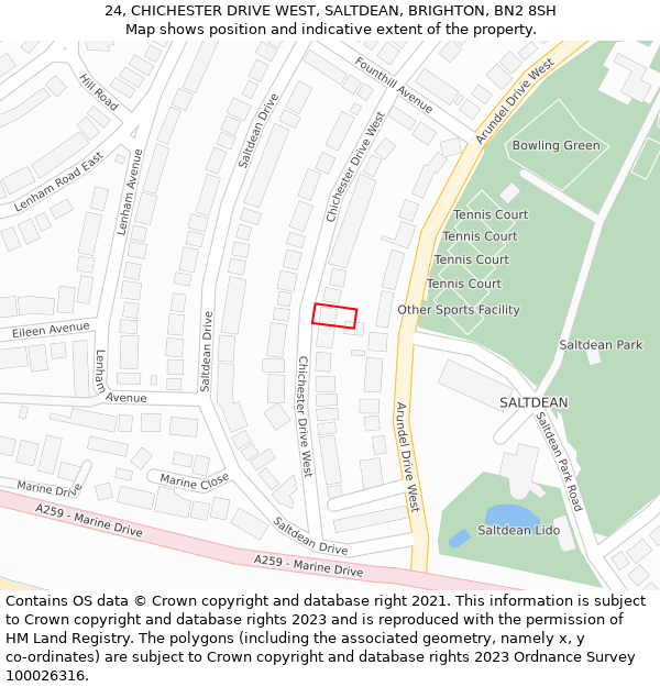 24, CHICHESTER DRIVE WEST, SALTDEAN, BRIGHTON, BN2 8SH: Location map and indicative extent of plot