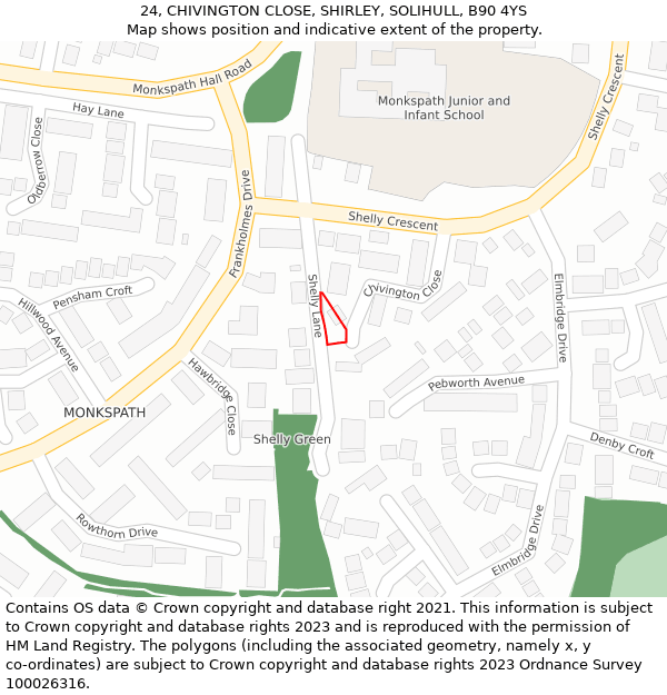 24, CHIVINGTON CLOSE, SHIRLEY, SOLIHULL, B90 4YS: Location map and indicative extent of plot