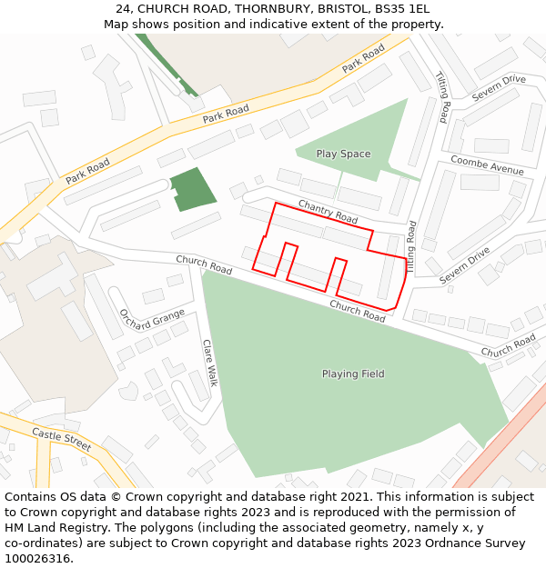 24, CHURCH ROAD, THORNBURY, BRISTOL, BS35 1EL: Location map and indicative extent of plot