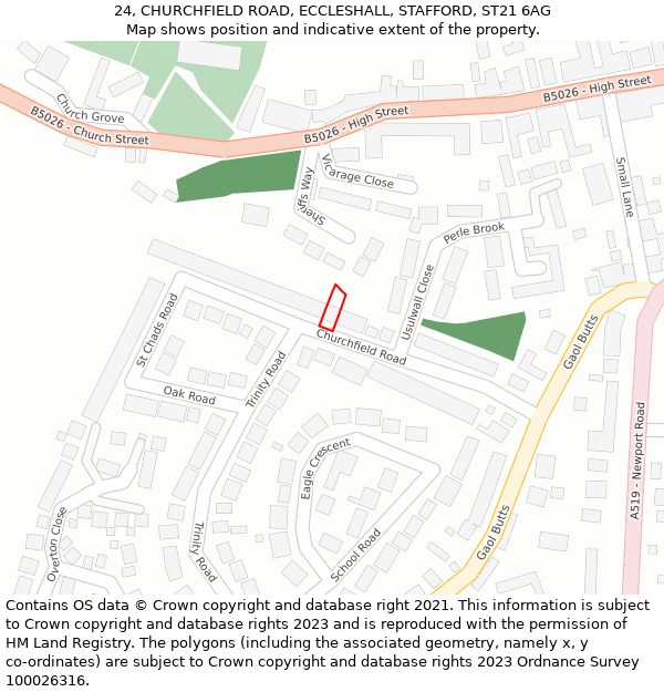 24, CHURCHFIELD ROAD, ECCLESHALL, STAFFORD, ST21 6AG: Location map and indicative extent of plot