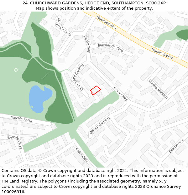 24, CHURCHWARD GARDENS, HEDGE END, SOUTHAMPTON, SO30 2XP: Location map and indicative extent of plot