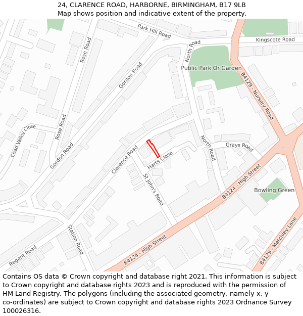 24, CLARENCE ROAD, HARBORNE, BIRMINGHAM, B17 9LB: Location map and indicative extent of plot