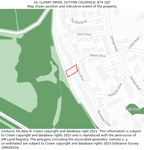 24, CLARRY DRIVE, SUTTON COLDFIELD, B74 2QT: Location map and indicative extent of plot