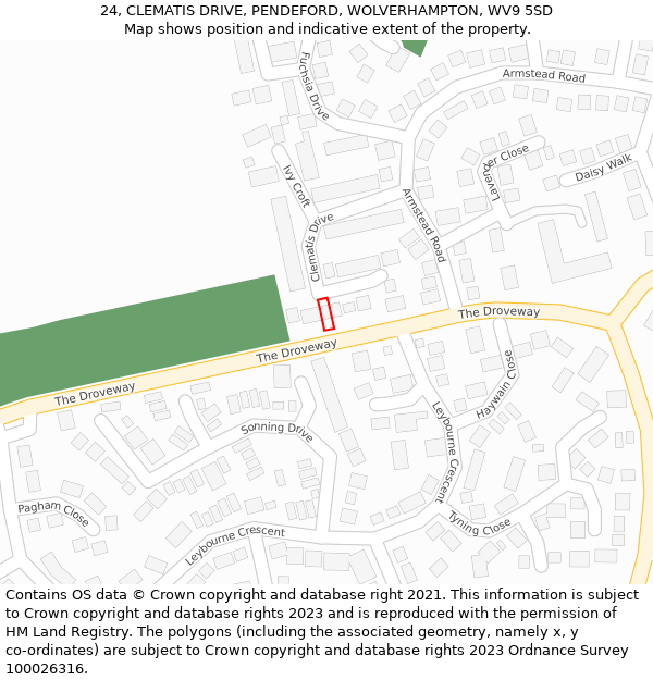 24, CLEMATIS DRIVE, PENDEFORD, WOLVERHAMPTON, WV9 5SD: Location map and indicative extent of plot