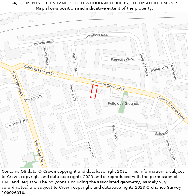 24, CLEMENTS GREEN LANE, SOUTH WOODHAM FERRERS, CHELMSFORD, CM3 5JP: Location map and indicative extent of plot