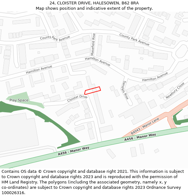 24, CLOISTER DRIVE, HALESOWEN, B62 8RA: Location map and indicative extent of plot