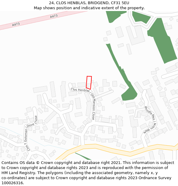 24, CLOS HENBLAS, BRIDGEND, CF31 5EU: Location map and indicative extent of plot