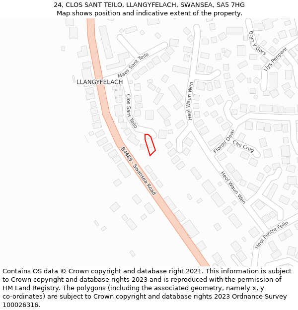 24, CLOS SANT TEILO, LLANGYFELACH, SWANSEA, SA5 7HG: Location map and indicative extent of plot