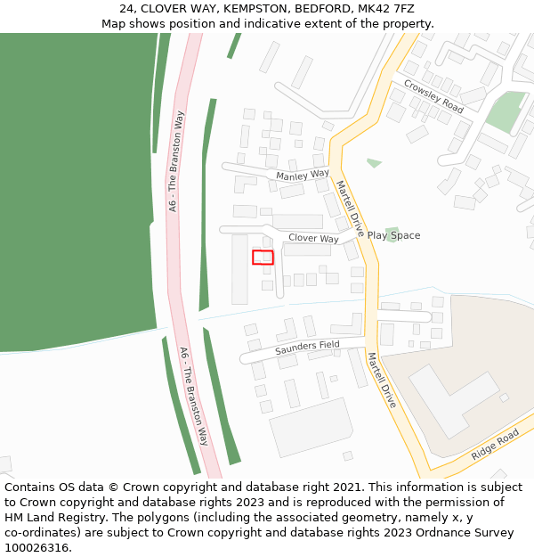 24, CLOVER WAY, KEMPSTON, BEDFORD, MK42 7FZ: Location map and indicative extent of plot