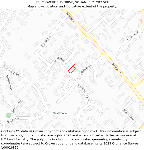 24, CLOVERFIELD DRIVE, SOHAM, ELY, CB7 5FT: Location map and indicative extent of plot