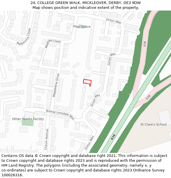 24, COLLEGE GREEN WALK, MICKLEOVER, DERBY, DE3 9DW: Location map and indicative extent of plot