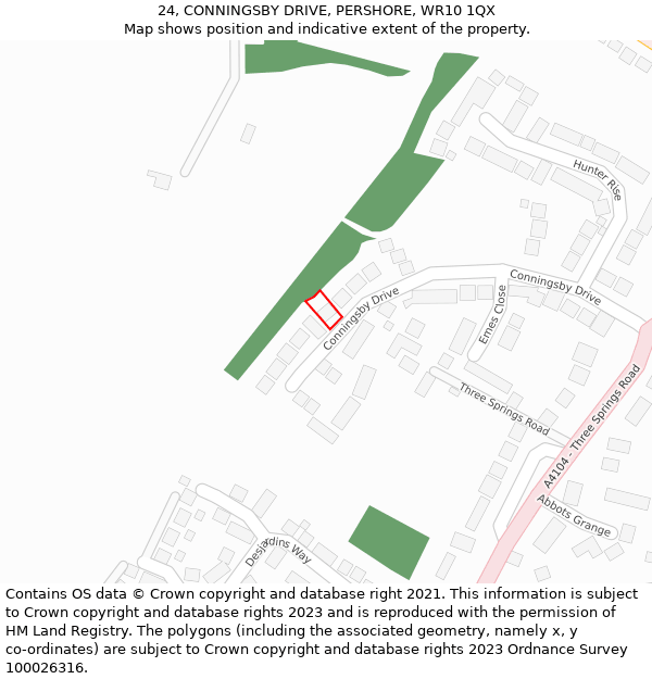 24, CONNINGSBY DRIVE, PERSHORE, WR10 1QX: Location map and indicative extent of plot