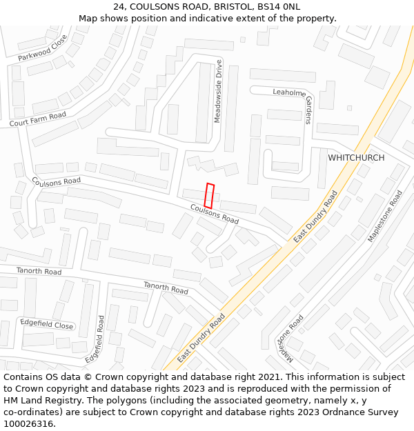 24, COULSONS ROAD, BRISTOL, BS14 0NL: Location map and indicative extent of plot
