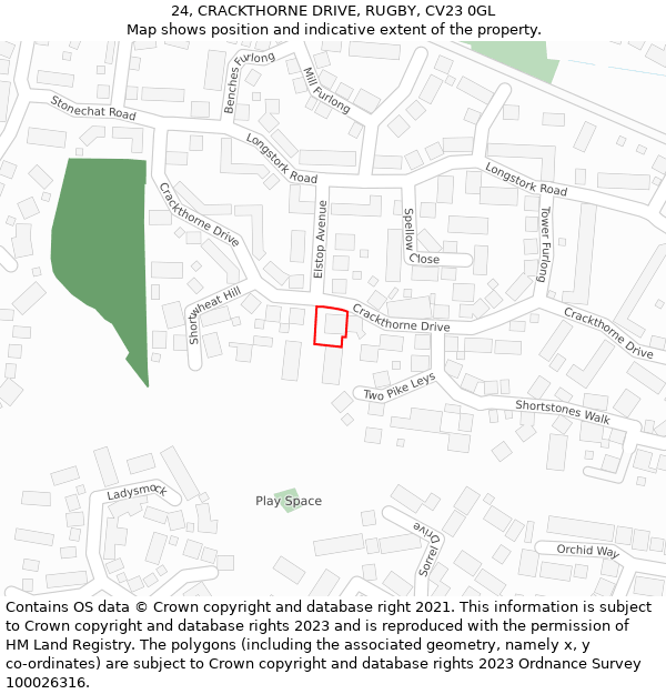 24, CRACKTHORNE DRIVE, RUGBY, CV23 0GL: Location map and indicative extent of plot