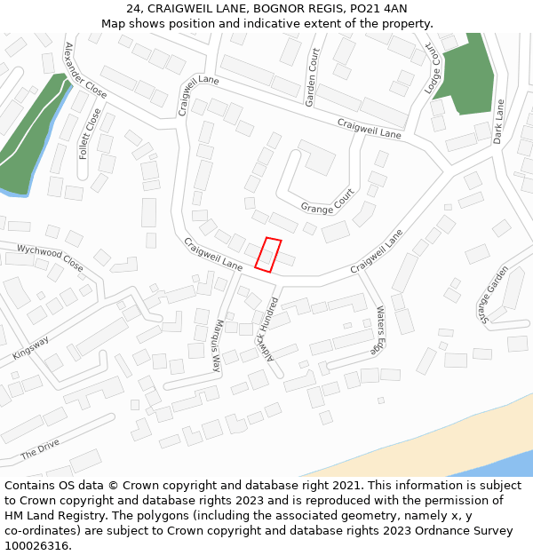 24, CRAIGWEIL LANE, BOGNOR REGIS, PO21 4AN: Location map and indicative extent of plot